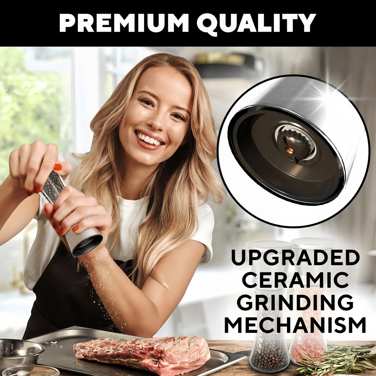 Stainless Steel Manual Salt & Pepper Grinder Set – Adjustable Coarseness, Refillable Glass Mills for Kitchen & BBQ