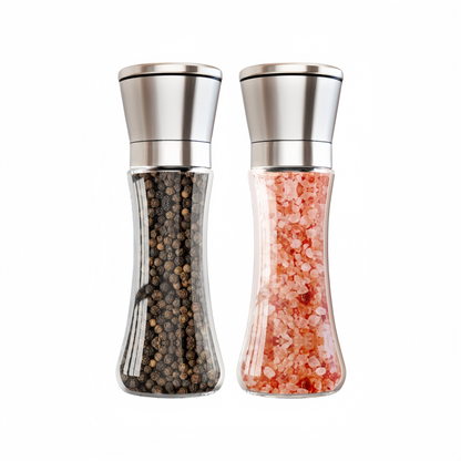 Stainless Steel Manual Salt & Pepper Grinder Set – Adjustable Coarseness, Refillable Glass Mills for Kitchen & BBQ