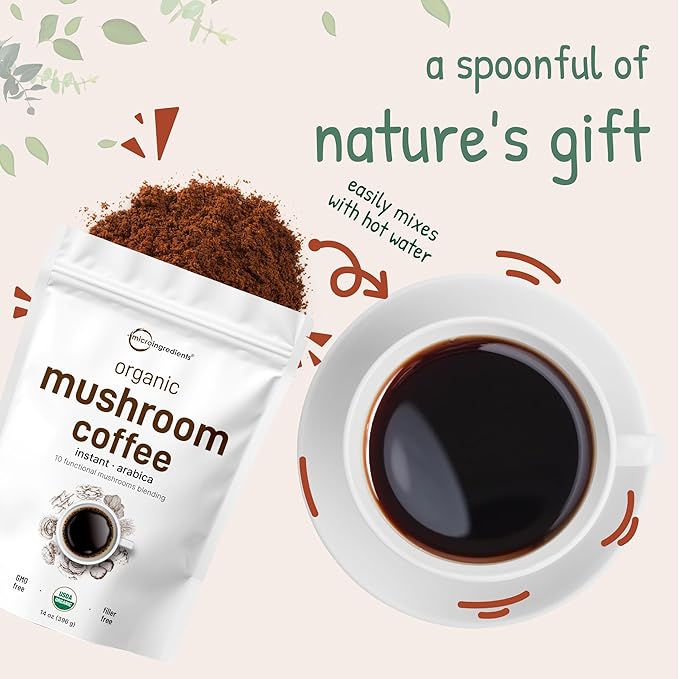 Organic Instant 10 in 1 Mushroom Coffee Powder, 14 Ounce (158 Servings) | Premium Arabica Coffee with Lion’s Mane, Chaga, Reishi & More