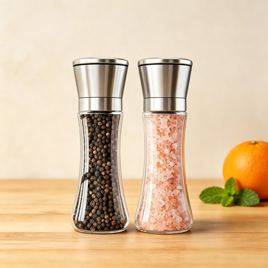 Stainless Steel Manual Salt & Pepper Grinder Set – Adjustable Coarseness, Refillable Glass Mills for Kitchen & BBQ