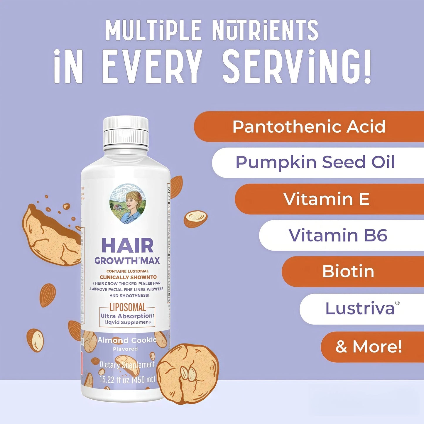 Organics Women's Hair Growth MAX Liposomal | with Lustriva + Biotin 10000mcg + Pumpkin Seed Oil | Thicker Hair | Hair Care | Wrinkles, Fine Lines, Skin Care | Ages 18+ | 15.22 Fl Oz