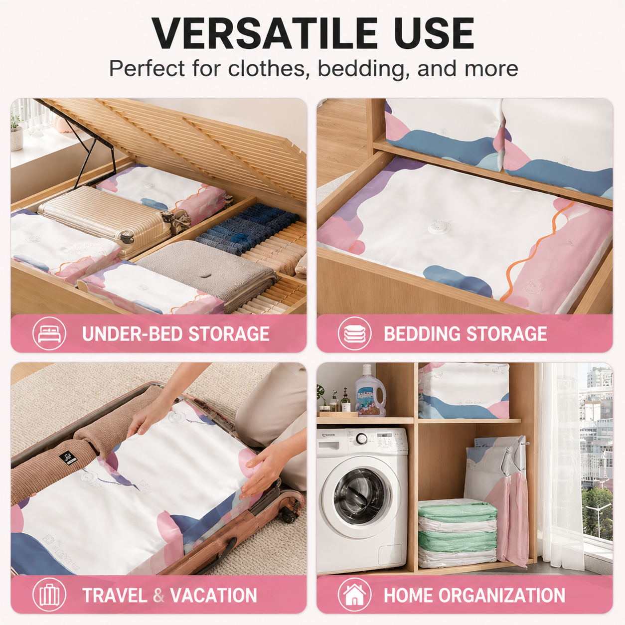 Save Up To 80% More Closet Space — No Vacuum Or Pump Required.Compress bulky bedding, blankets and seasonal clothing in seconds while keeping everything clean, dry and organized.