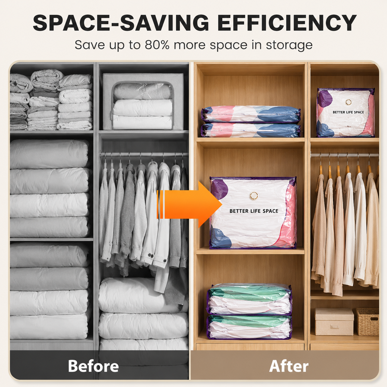 Save Up To 80% More Closet Space — No Vacuum Or Pump Required.Compress bulky bedding, blankets and seasonal clothing in seconds while keeping everything clean, dry and organized.