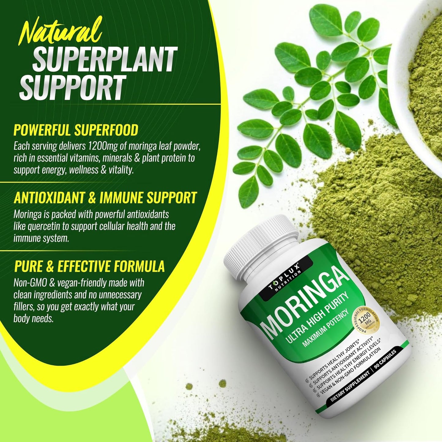 Moringa Capsules 1200mg Pure Oleifera Leaf Superfood for Immune & Skin Health | Vegan, Non-GMO | 90 Capsules