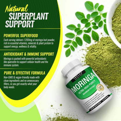 Moringa Capsules 1200mg Pure Oleifera Leaf Superfood for Immune & Skin Health | Vegan, Non-GMO | 90 Capsules
