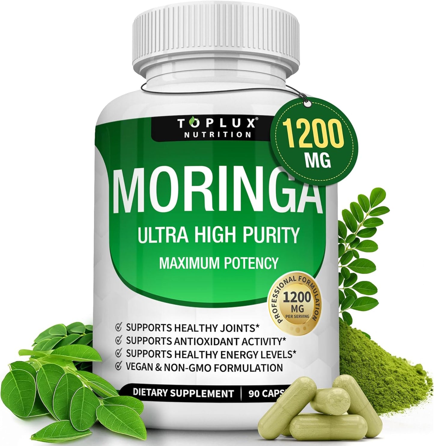 Moringa Capsules 1200mg Pure Oleifera Leaf Superfood for Immune & Skin Health | Vegan, Non-GMO | 90 Capsules