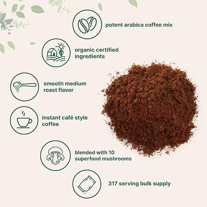 Organic Instant 10 in 1 Mushroom Coffee Powder, 14 Ounce (158 Servings) | Premium Arabica Coffee with Lion’s Mane, Chaga, Reishi & More