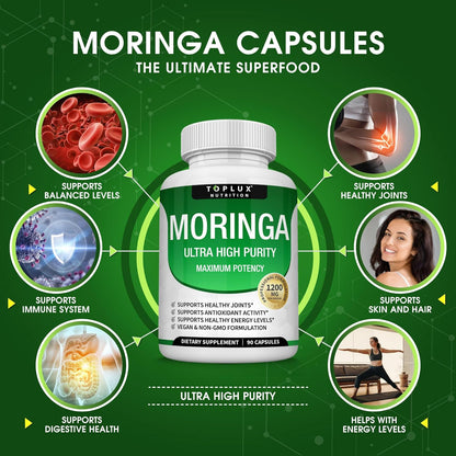 Moringa Capsules 1200mg Pure Oleifera Leaf Superfood for Immune & Skin Health | Vegan, Non-GMO | 90 Capsules