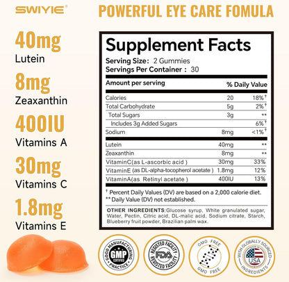 Lutein Gummies for Eye Health Vision Support Eye Vitamins | Blueberry Flavor | 60 Gummies