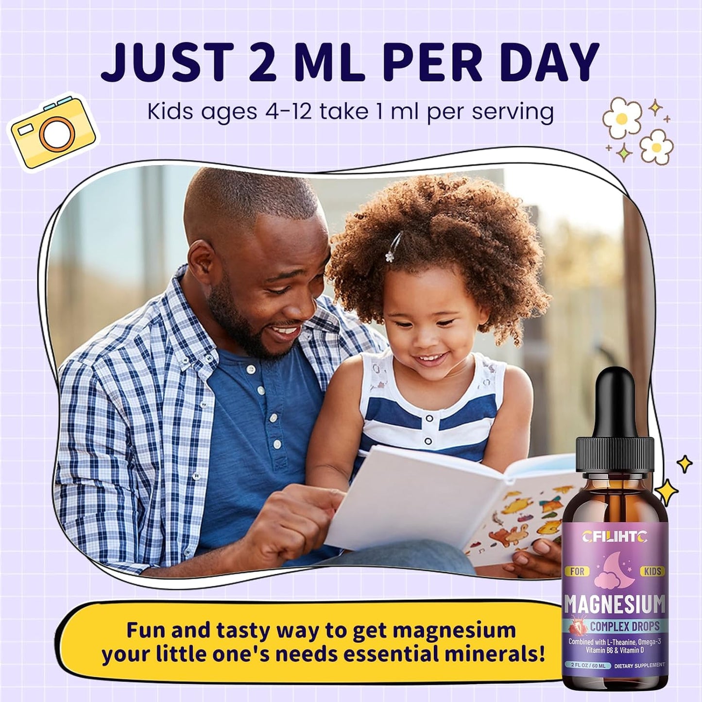 Kids Magnesium Liquid Drops- Omega-3, Vitamin B6, D3 - for Sleep, Relaxation, Brain, Bones