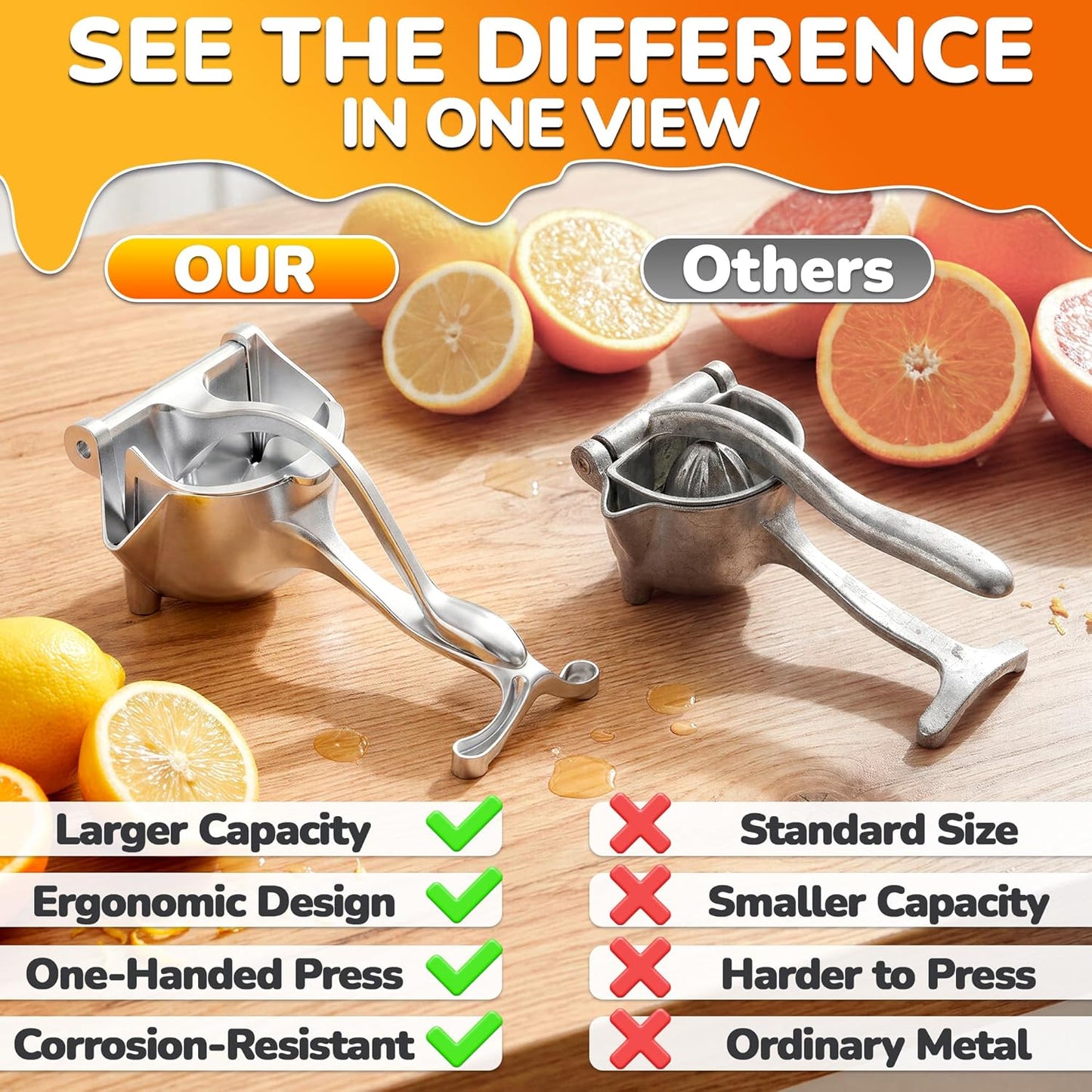 🍊 Manual Citrus Juicer Press, Ergonomic Handle, No Power Easy Clean Squeezer for Orange Pomegranate