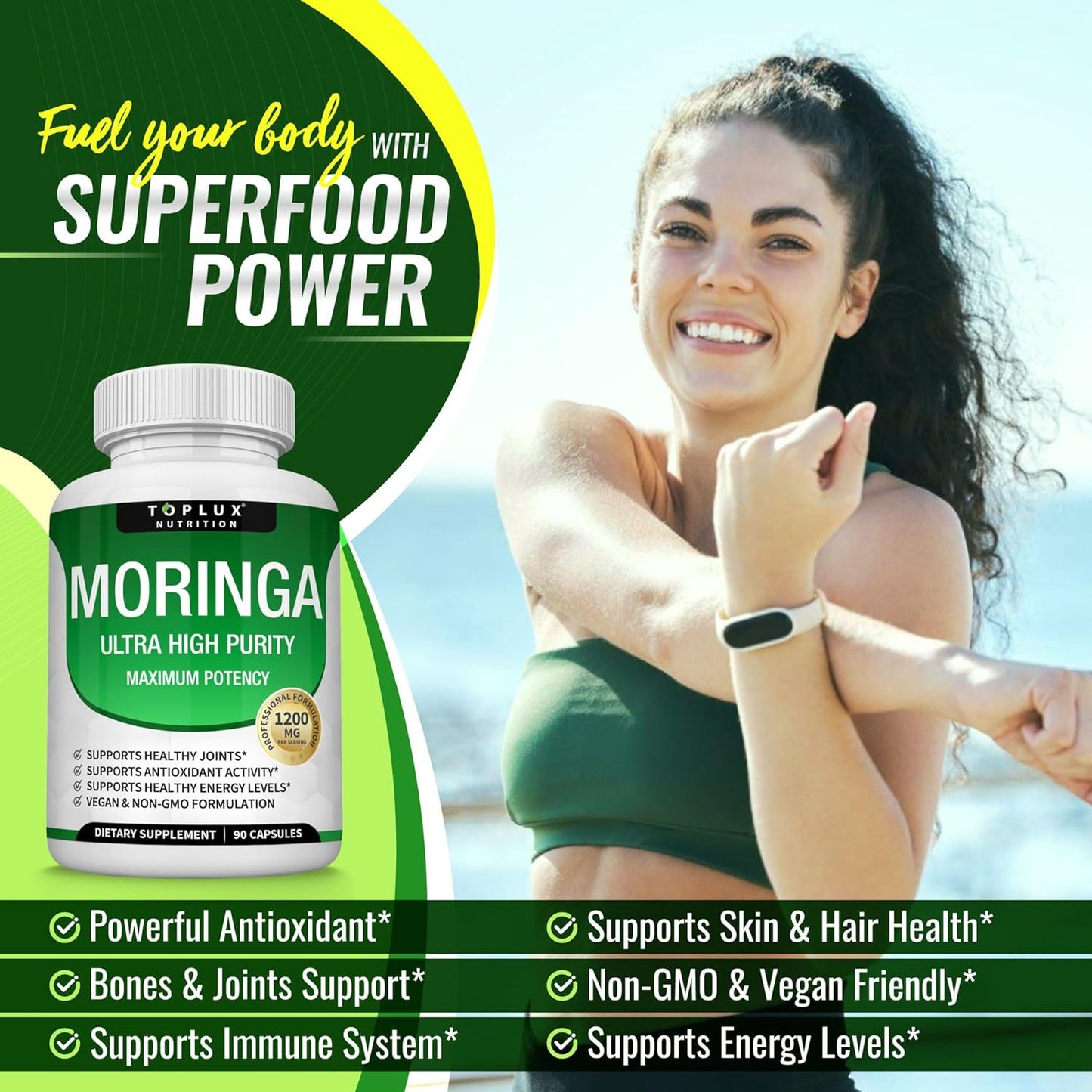 Moringa Capsules 1200mg Pure Oleifera Leaf Superfood for Immune & Skin Health | Vegan, Non-GMO | 90 Capsules