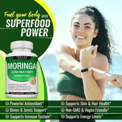 Moringa Capsules 1200mg Pure Oleifera Leaf Superfood for Immune & Skin Health | Vegan, Non-GMO | 90 Capsules