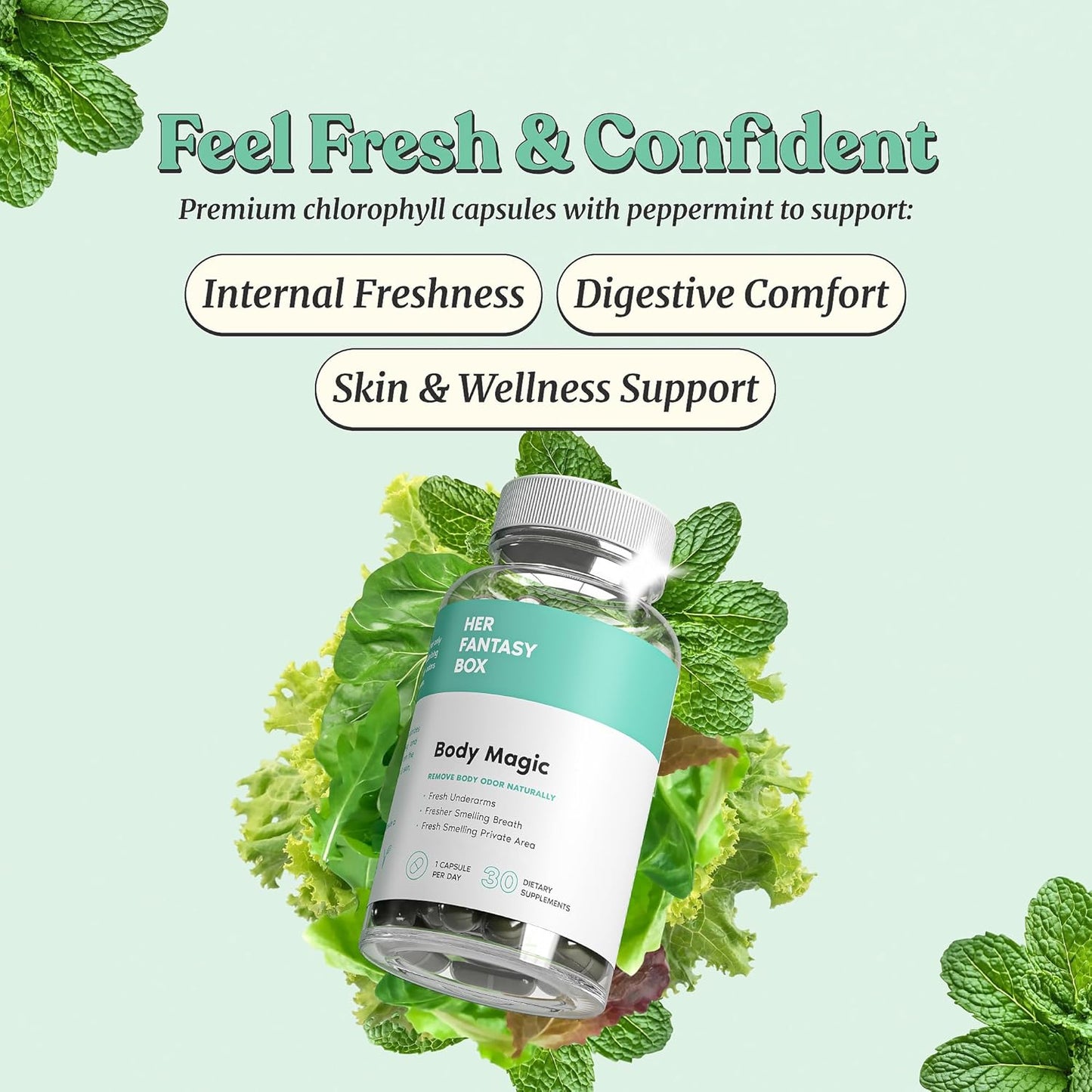 Body Magic Chlorophyll Capsules Vegan Detox, Digestion & Gut Health Support, Skin & Oily Skin Care 30 Count
