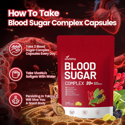 Blood Sugar Complex Supplement ,with 20 Herbs and Vitamins with Cinnamon, Turmeric and More, Non-GMO, Gluten-Free