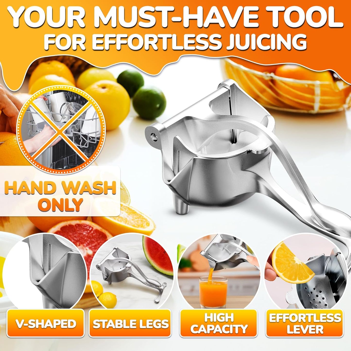 🍊 Manual Citrus Juicer Press, Ergonomic Handle, No Power Easy Clean Squeezer for Orange Pomegranate