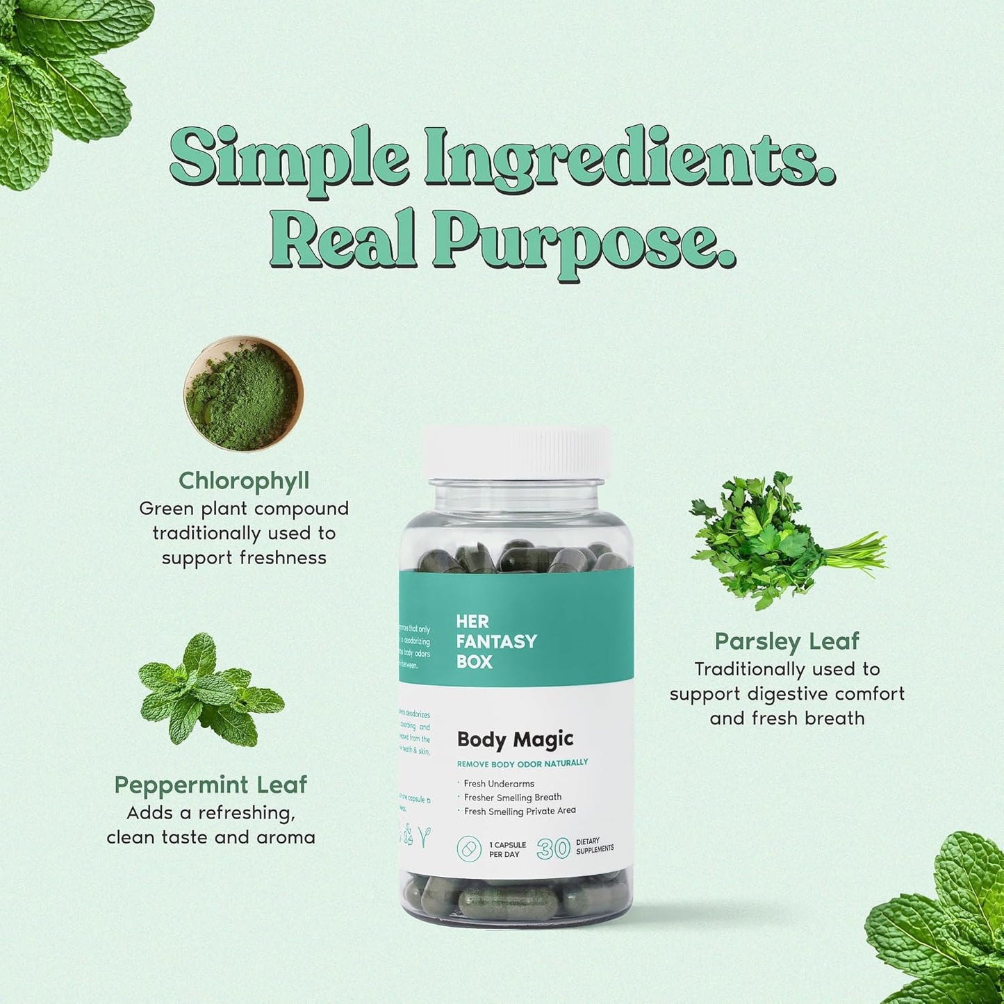 Body Magic Chlorophyll Capsules Vegan Detox, Digestion & Gut Health Support, Skin & Oily Skin Care 30 Count