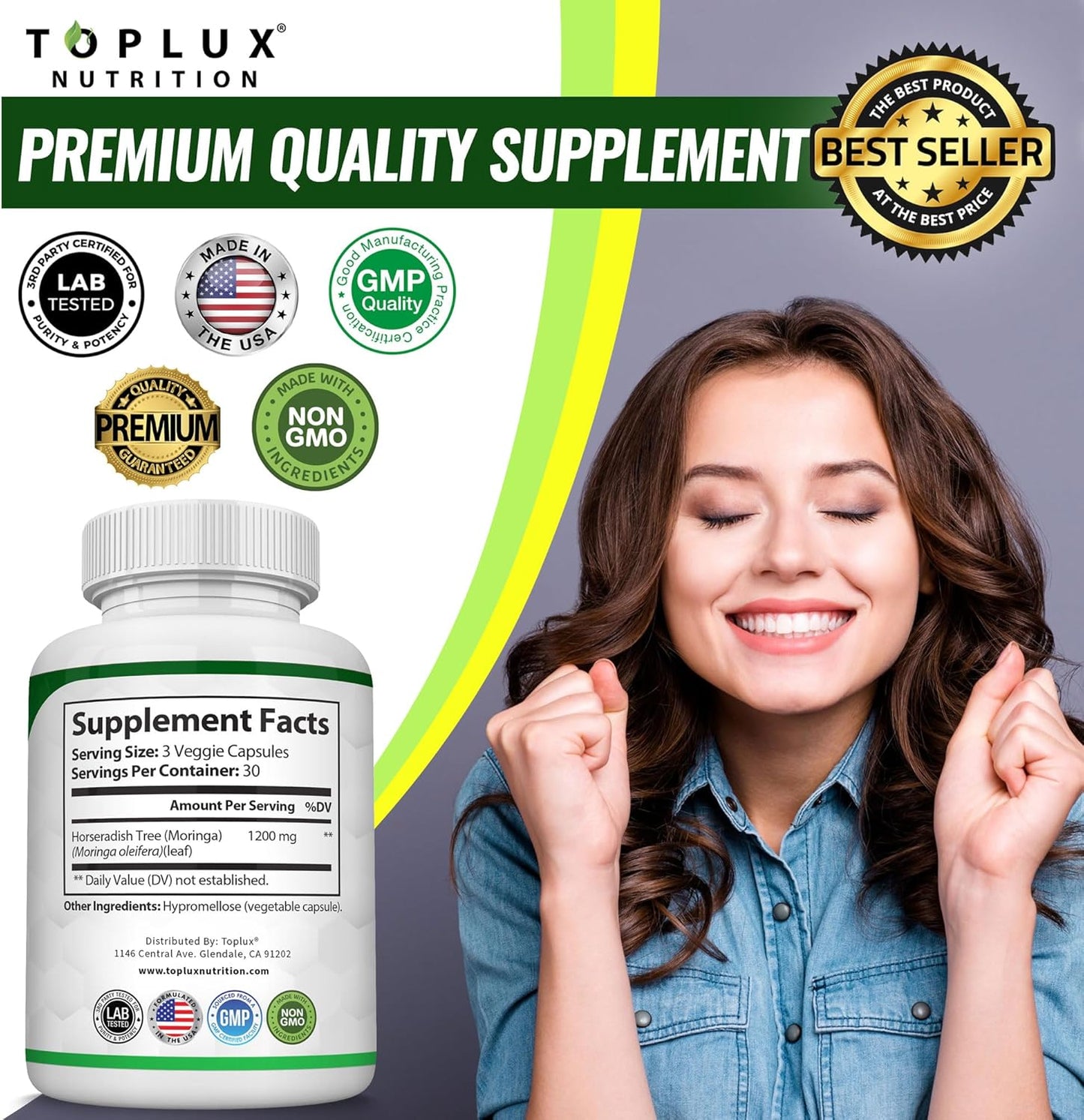 Moringa Capsules 1200mg Pure Oleifera Leaf Superfood for Immune & Skin Health | Vegan, Non-GMO | 90 Capsules
