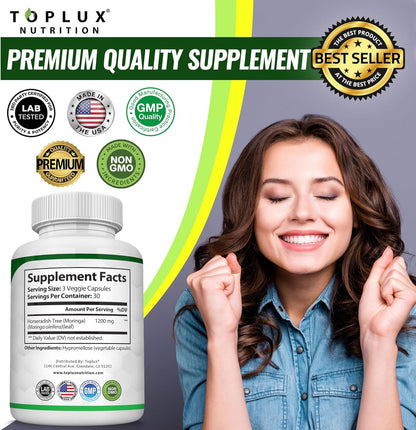 Moringa Capsules 1200mg Pure Oleifera Leaf Superfood for Immune & Skin Health | Vegan, Non-GMO | 90 Capsules