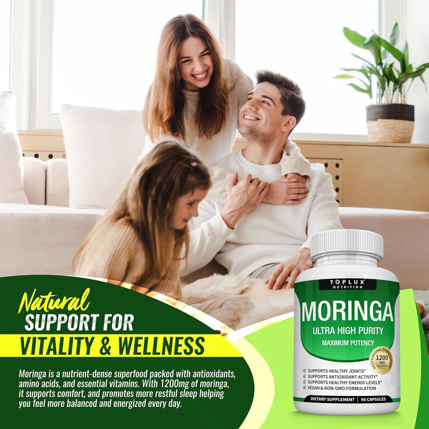 Moringa Capsules 1200mg Pure Oleifera Leaf Superfood for Immune & Skin Health | Vegan, Non-GMO | 90 Capsules