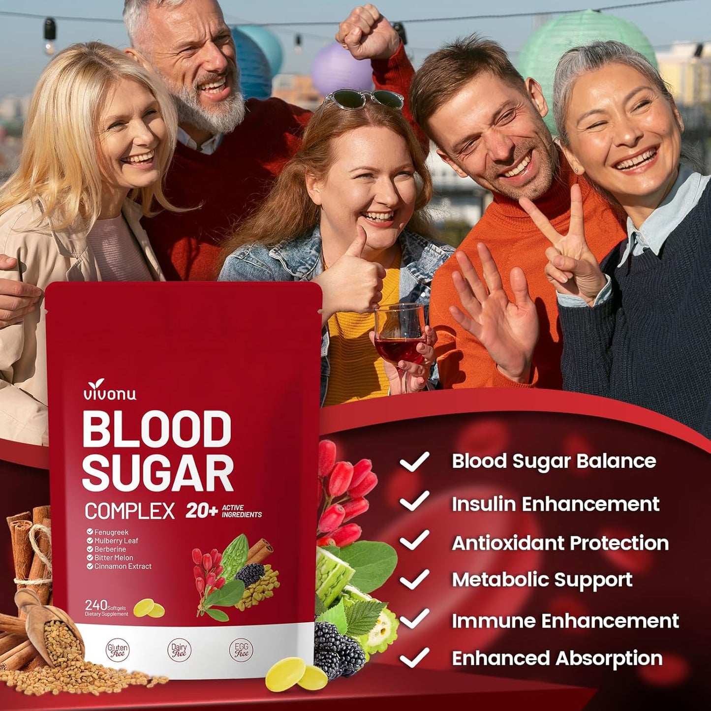 Blood Sugar Complex Supplement ,with 20 Herbs and Vitamins with Cinnamon, Turmeric and More, Non-GMO, Gluten-Free