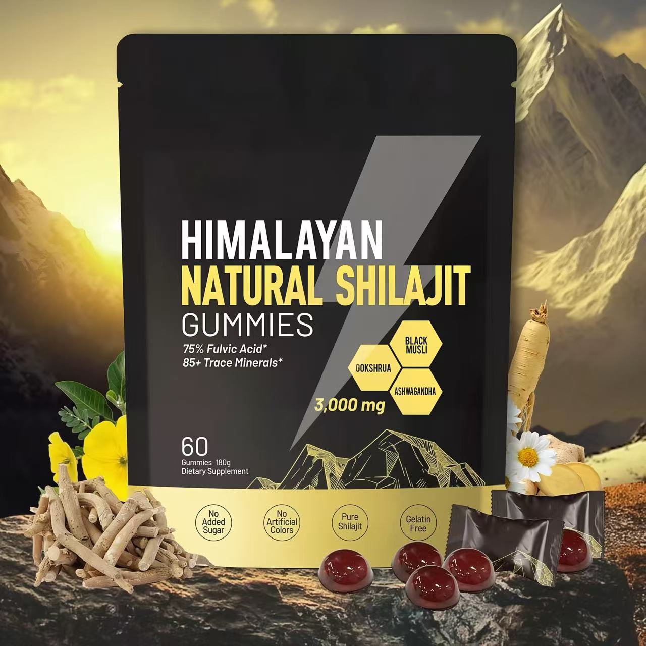 Himalayan Shilajit Gummies | With Ashwagandha, Gokshura & other herbs | No addedsugar，60 Gummies