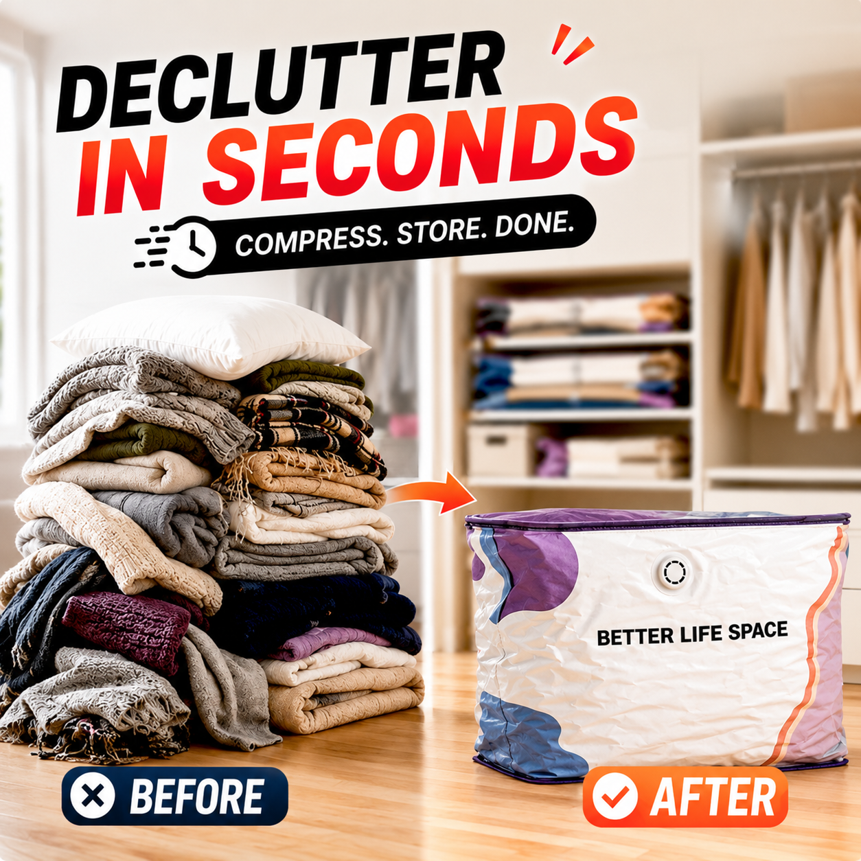 Save Up To 80% More Closet Space — No Vacuum Or Pump Required.Compress bulky bedding, blankets and seasonal clothing in seconds while keeping everything clean, dry and organized.