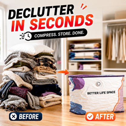 Save Up To 80% More Closet Space — No Vacuum Or Pump Required.Compress bulky bedding, blankets and seasonal clothing in seconds while keeping everything clean, dry and organized.
