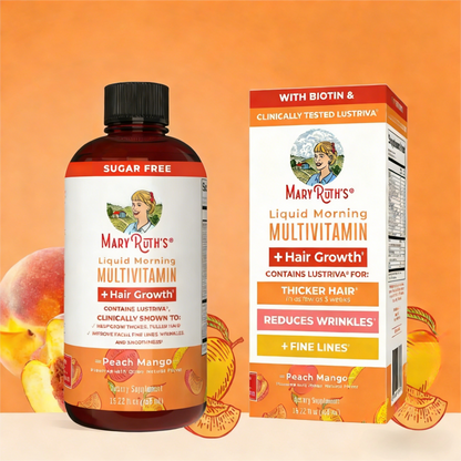 Liquid Multivitamin+Hair Growth | Clinically Tested for Thicker Hair & Facial Wrinkles in Women |  Vitamin C & D3 | Peach Mango 15 Fl Oz