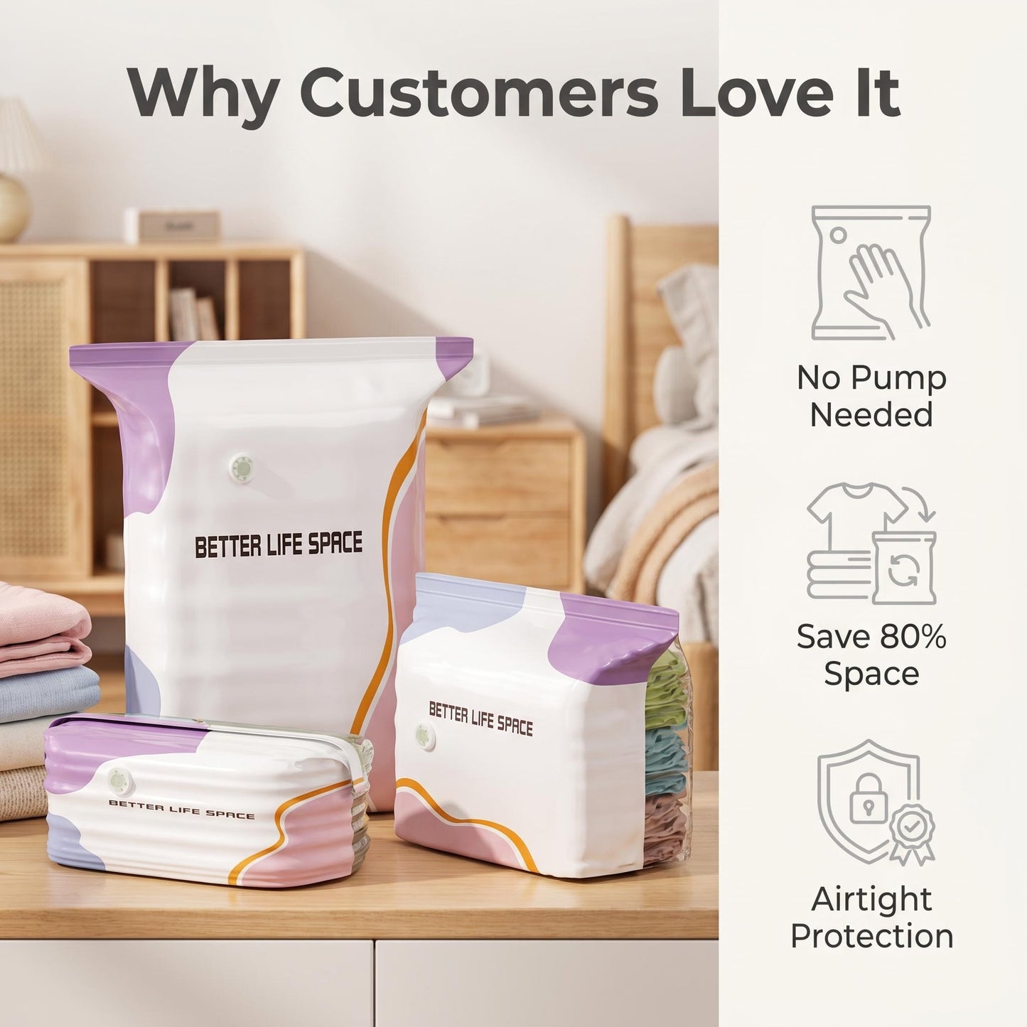 Save Up To 80% More Closet Space — No Vacuum Or Pump Required.Compress bulky bedding, blankets and seasonal clothing in seconds while keeping everything clean, dry and organized.