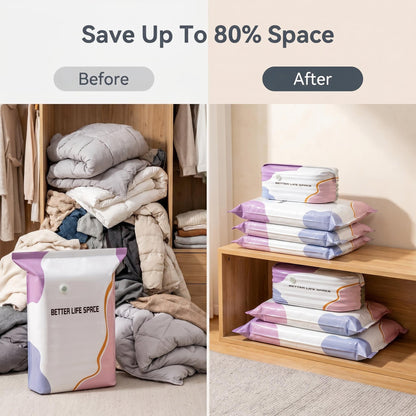 Save Up To 80% More Closet Space — No Vacuum Or Pump Required.Compress bulky bedding, blankets and seasonal clothing in seconds while keeping everything clean, dry and organized.