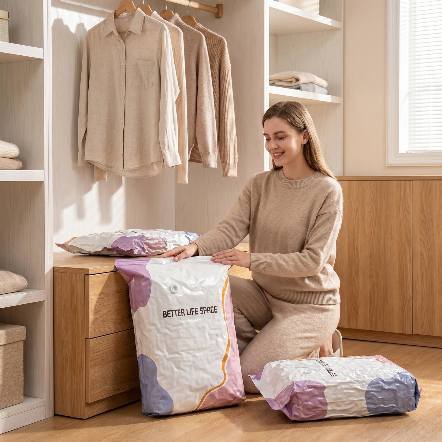 Save Up To 80% More Closet Space — No Vacuum Or Pump Required.Compress bulky bedding, blankets and seasonal clothing in seconds while keeping everything clean, dry and organized.