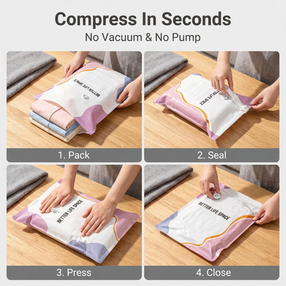 Save Up To 80% More Closet Space — No Vacuum Or Pump Required.Compress bulky bedding, blankets and seasonal clothing in seconds while keeping everything clean, dry and organized.