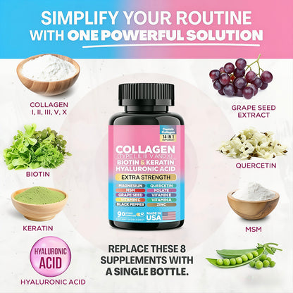Collagen Pills Peptides (Types I,II,III,V,X) with Biotin, Keratin, Hyaluronic Acid, Vitamins & Minerals (90 Capsules)