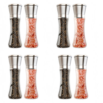 Stainless Steel Manual Salt & Pepper Grinder Set – Adjustable Coarseness, Refillable Glass Mills for Kitchen & BBQ