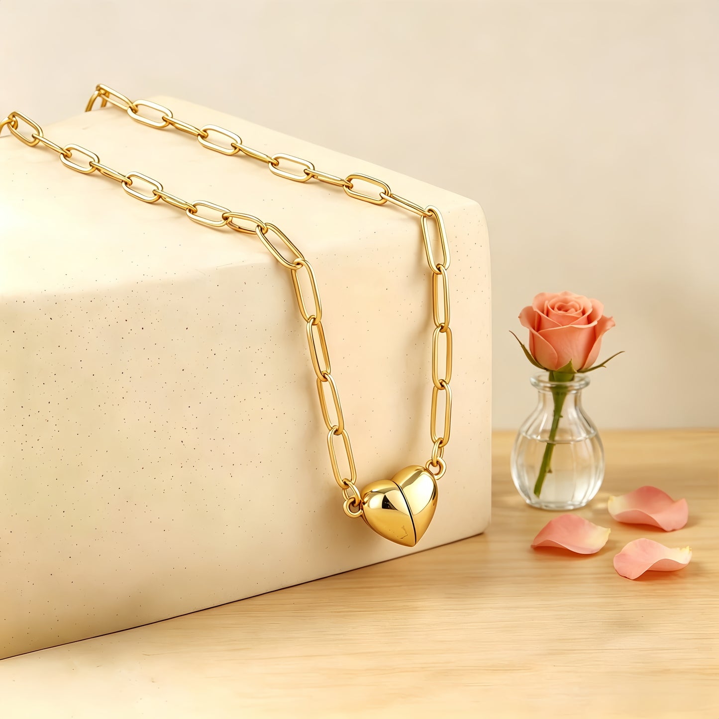 Gold Heart Pendant Magnetic Necklace – Paperclip Chain with Love Heart Pendant