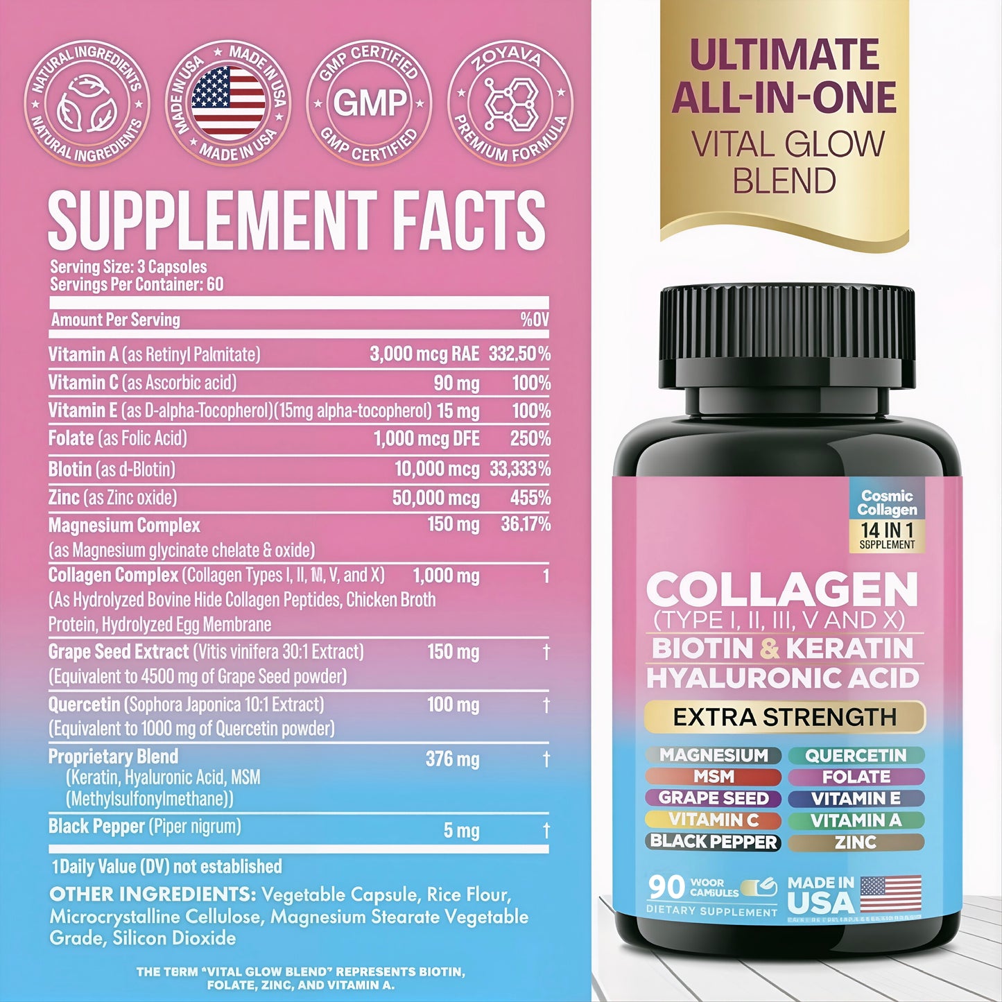 Collagen Pills Peptides (Types I,II,III,V,X) with Biotin, Keratin, Hyaluronic Acid, Vitamins & Minerals (90 Capsules)