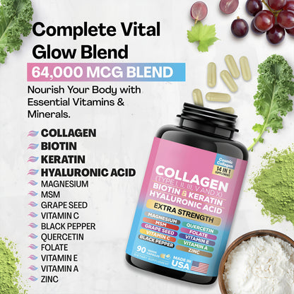 Collagen Pills Peptides (Types I,II,III,V,X) with Biotin, Keratin, Hyaluronic Acid, Vitamins & Minerals (90 Capsules)
