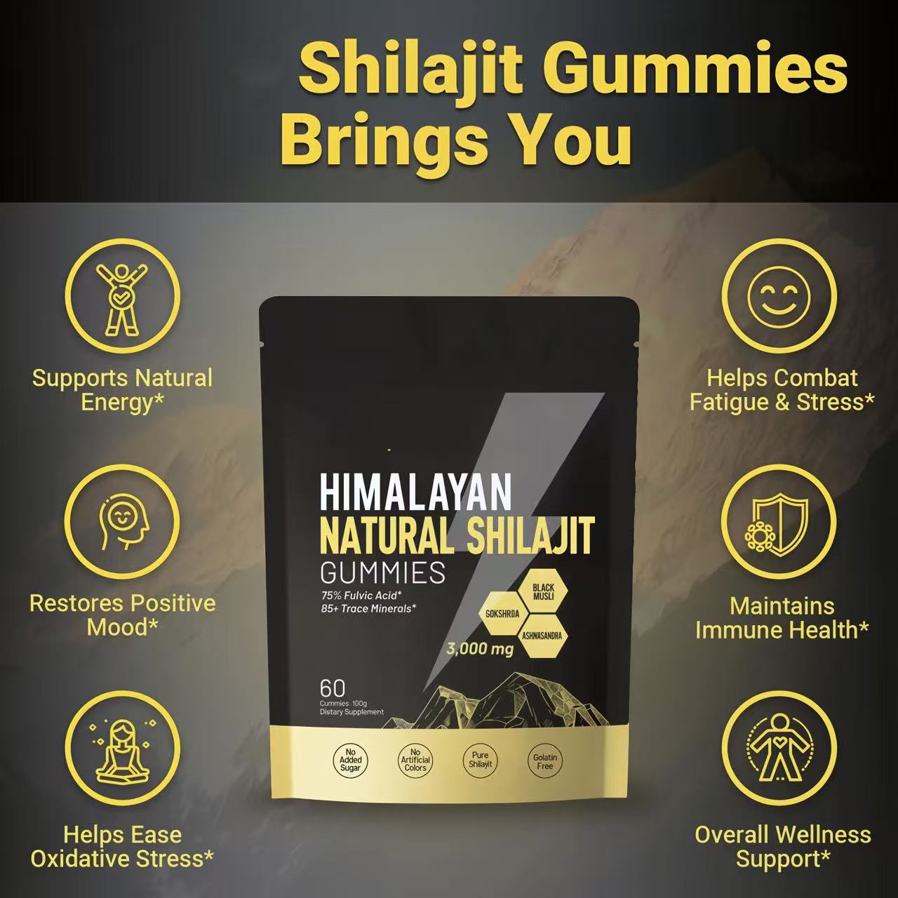 Himalayan Shilajit Gummies | With Ashwagandha, Gokshura & other herbs | No addedsugar，60 Gummies