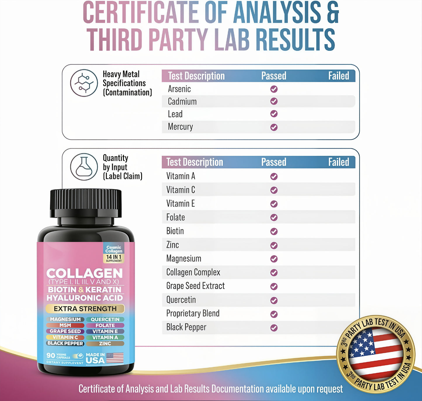 Collagen Pills Peptides (Types I,II,III,V,X) with Biotin, Keratin, Hyaluronic Acid, Vitamins & Minerals (90 Capsules)