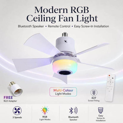 🎁Smart E27 Ceiling Fan Light with Hi-Fi Bluetooth Speaker & Mood Lighting  Cool Breezes • Crystal-Clear Sound • 16 Million Colours💡🌬️🎵