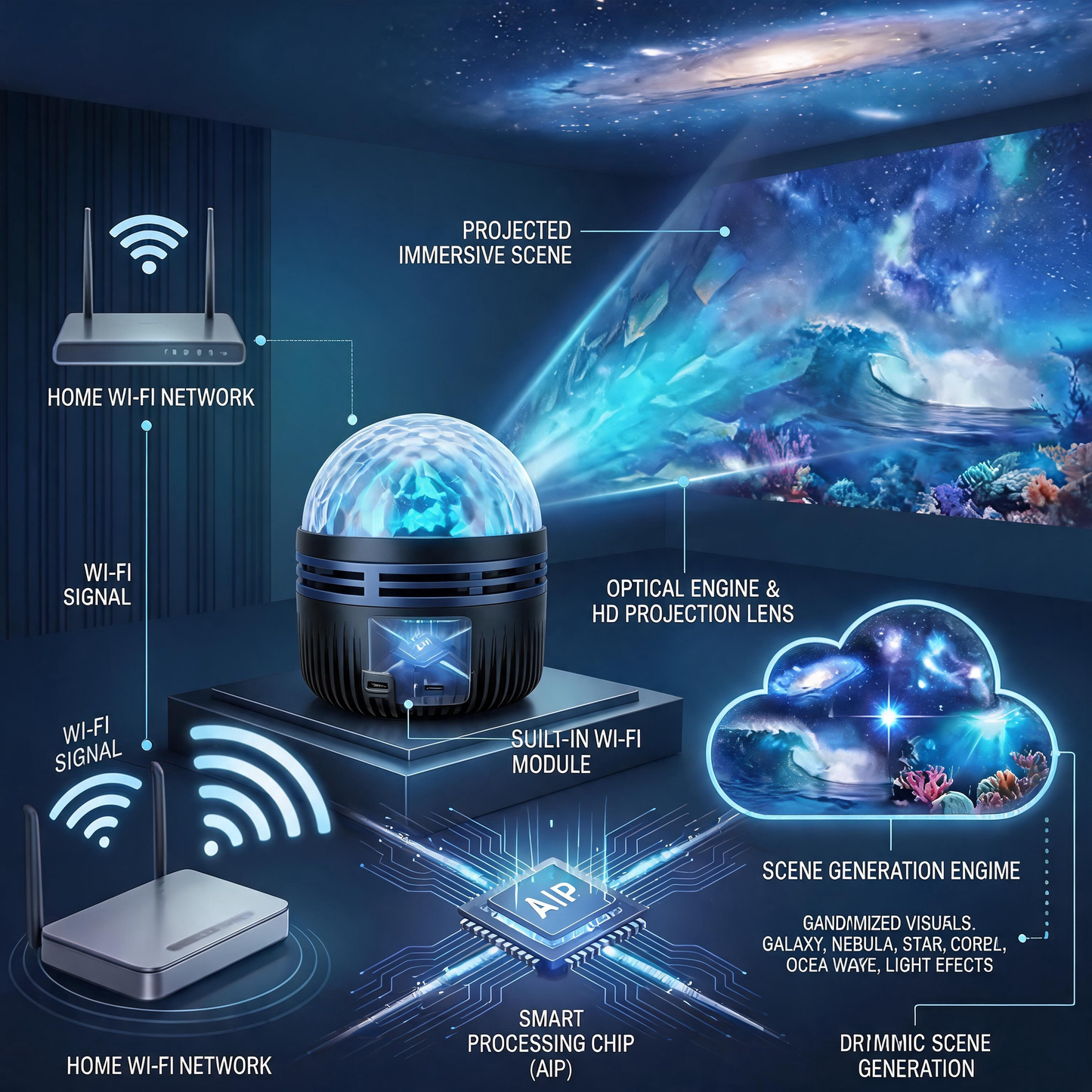 PureSource® 360° Panoramic Galaxy & Ocean Projector - Immersive Smart Ambient Lighting