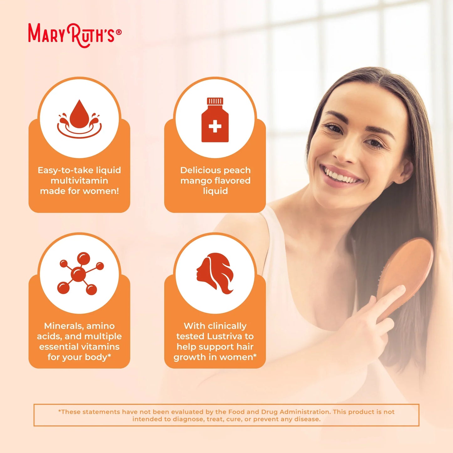 Liquid Multivitamin+Hair Growth | Clinically Tested for Thicker Hair & Facial Wrinkles in Women |  Vitamin C & D3 | Peach Mango 15 Fl Oz