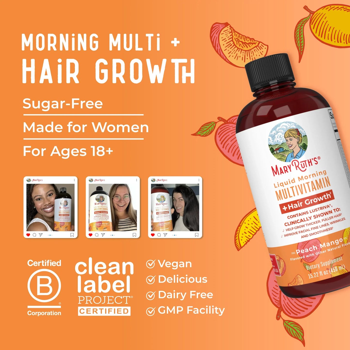 Liquid Multivitamin+Hair Growth | Clinically Tested for Thicker Hair & Facial Wrinkles in Women |  Vitamin C & D3 | Peach Mango 15 Fl Oz