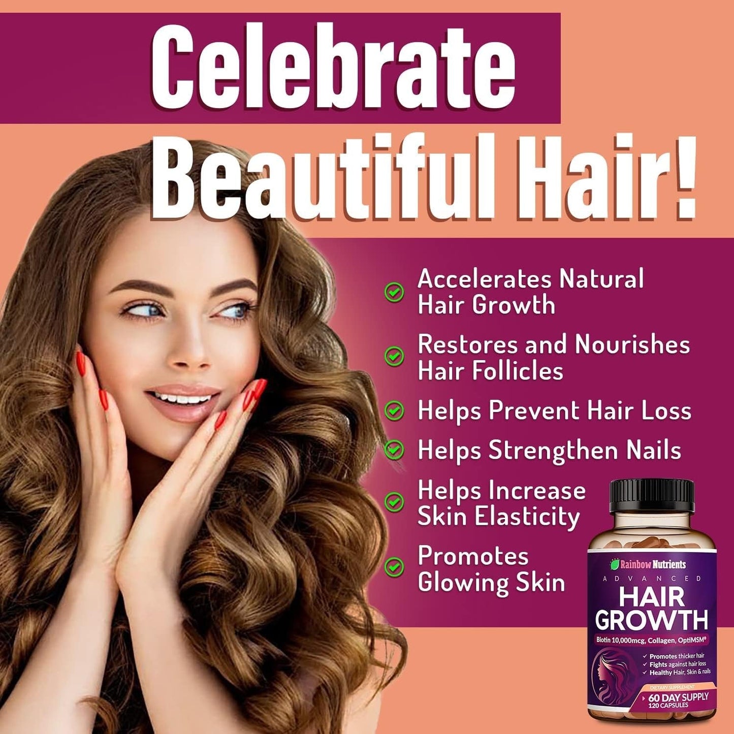 Hair Growth Vitamins for Women aturally Regrow Stronger & Healthier Hair, Skin and Nails | Stops Hair Loss | 60 Day Supply