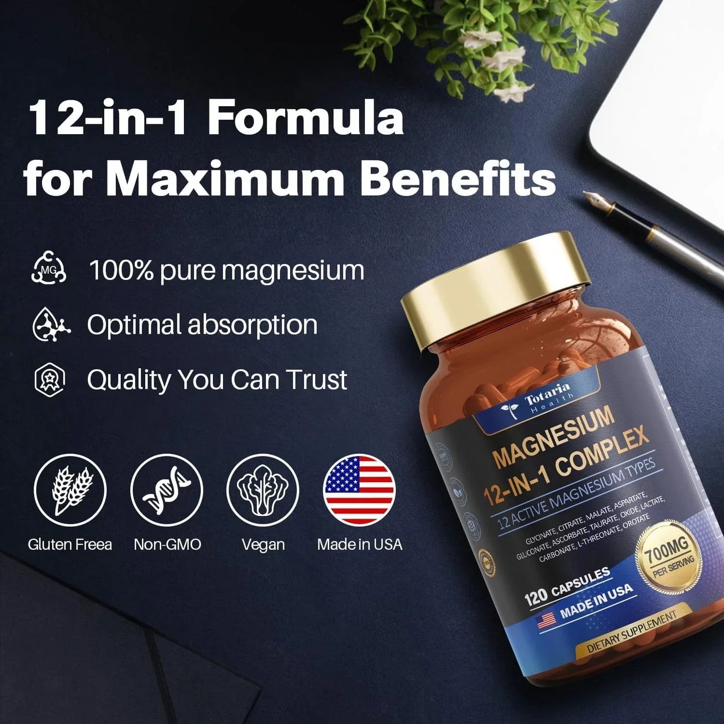 (2PC)Magnesium 12 in 1 Complex 700mg - Glycinate Citrate Malate Taurate