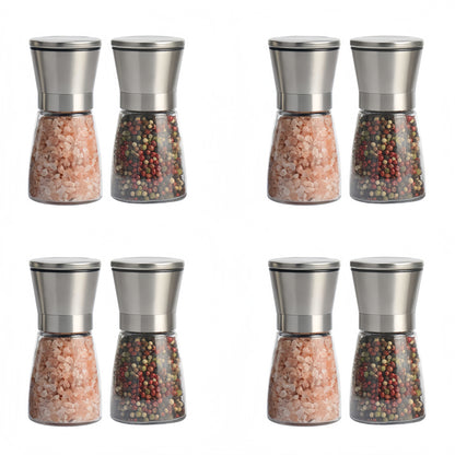 Stainless Steel Manual Salt & Pepper Grinder Set – Adjustable Coarseness, Refillable Glass Mills for Kitchen & BBQ